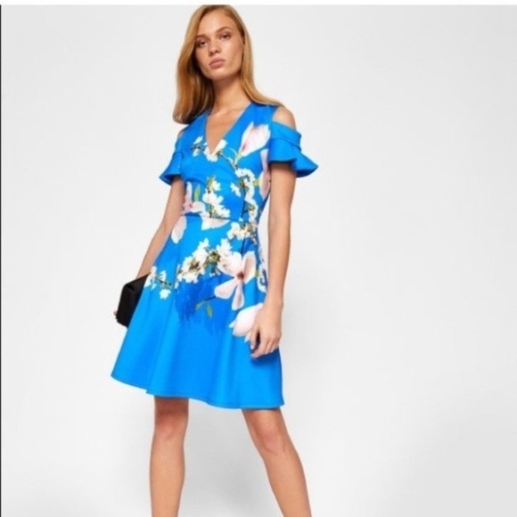 Ted Baker Blue Floral Amber Harmony Cold Shoulder Dress | Size 1 - Picture 1 of 9